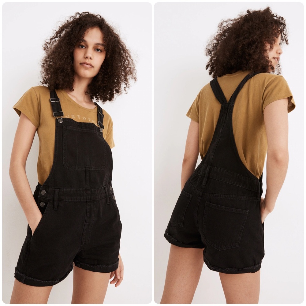 Madewell Adirondack Short Overalls in Washed Black XS Denim Faded Frayed